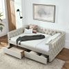 Upholstered Full Size Daybed with Two Drawers, with Button and Copper Nail on Square Arms, Beige (82.75''x58''x30.75'')